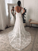 Ivory Lace Sexy Backless Wedding Dress With Train A-Line Sleeveless Chic V-Neck Bridal Gowns