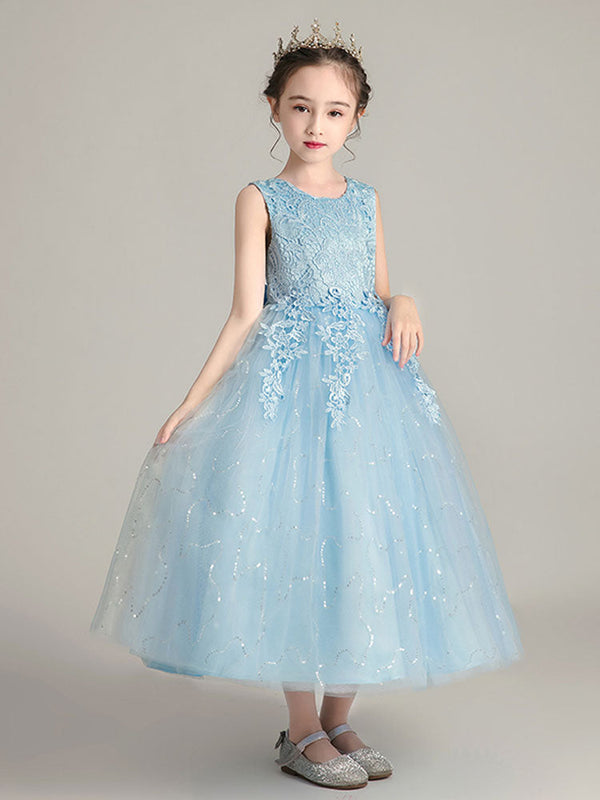 Jewel Neck Polyester Sleeveless Ankle Length Ball Gown Bows Kids Party Dresses