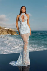 Luxurious Sky Blue Halter Sleeveless Mermaid Evening Dresses Beads Pearl Leaf Decor With Lace-Up Back