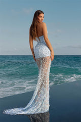 Luxurious Sky Blue Halter Sleeveless Mermaid Evening Dresses Beads Pearl Leaf Decor With Lace-Up Back