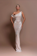 One Shoulder Unique Neckline Cap Sleeves Floor Length Mermaid Wedding Dresses