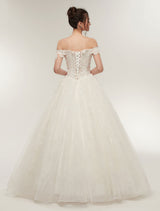 Princess Wedding Dresses Off The Shoulder Ivory Bridal Gowns Lace Applique Tulle Long Ball Gowns