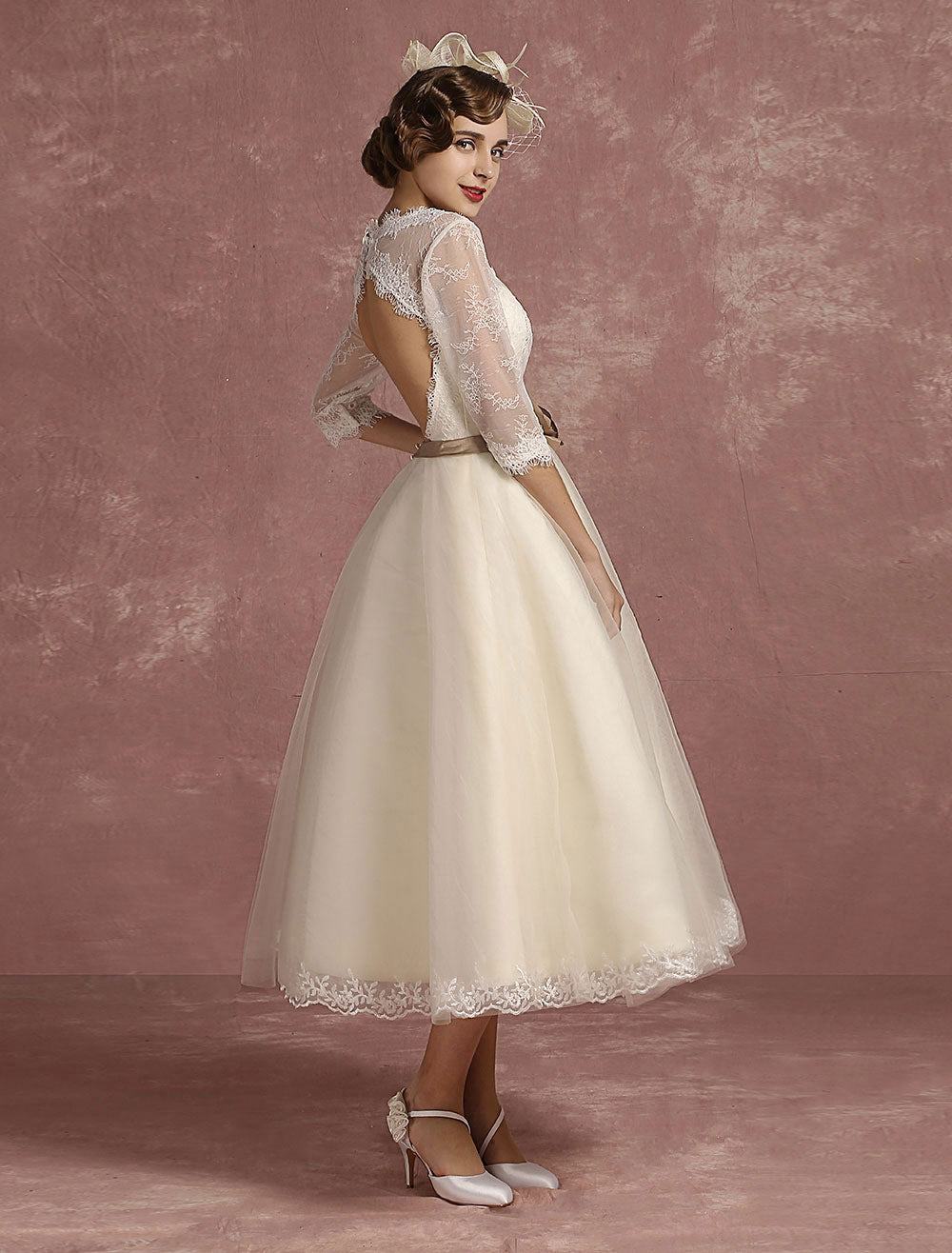 Vintage Polka Dot Tulle Floral Lace Wedding Dress Short Flare Sleeves  Keyhole Back Sash A Line Boho Modest Romantic Bridal Gown - Wedding Dresses  - AliExpress