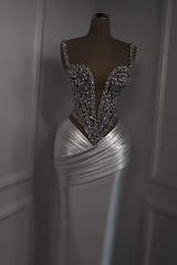 Silver Beads Deep V-neck Pleats Mermaid Sparkle Wedding Dresses