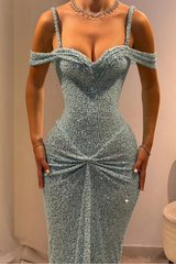 Straps Off-The-Shoulder Sparkle Sequin Column Pleats Long Wedding Dresses