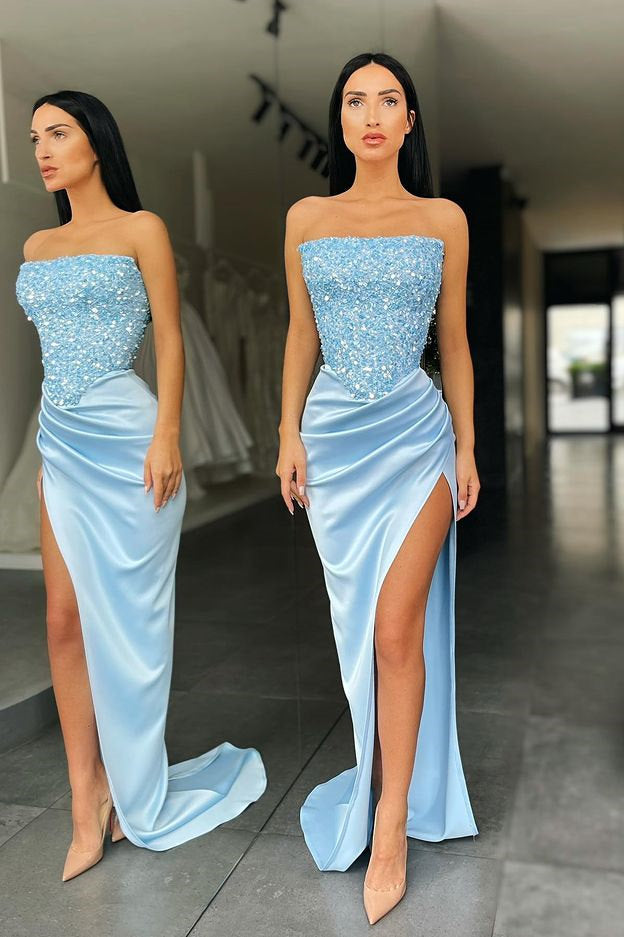 Trendy Sky blue Sequin Top High split Prom Dress Strapless – Dbrbridal