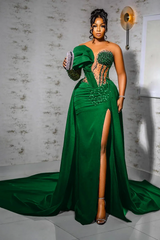 Unique One Shoulder Emerald Green High Split Floor length Wedding Dresses
