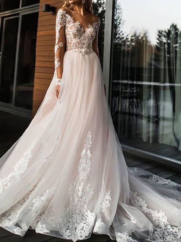 wedding dresses A-line V-Neck long sleeve lace applique tulle