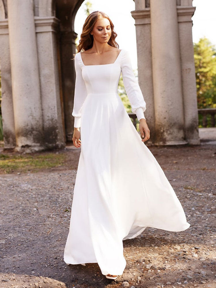 White Casual Wedding Dress Satin Fabric Square Neck Long Sleeves A-Line  Floor Length Bridal Gowns – Dbrbridal