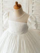 White Jewel Neck Short Sleeves Beaded Formal Kids Pageant flower girl dresses