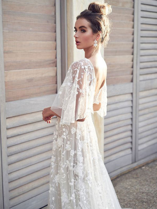 White Lace Wedding Dress V-Neck A-Line Wedding Dress Short Sleeves Backless Bridal  Gowns – Dbrbridal