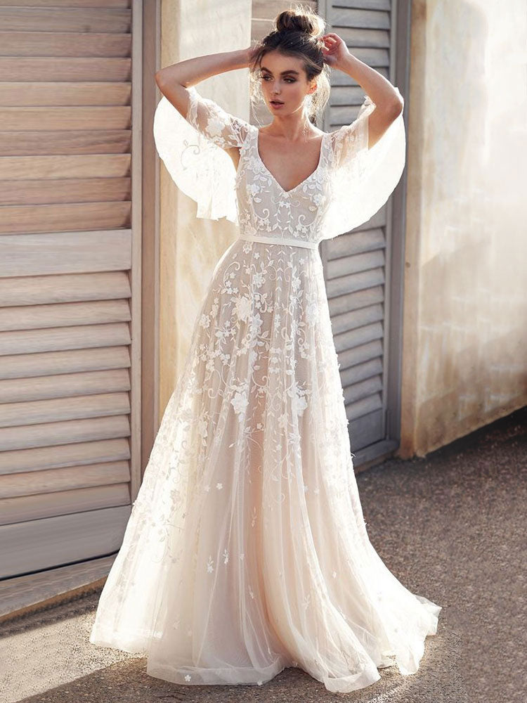 White Lace Wedding Dress V-Neck A-Line Wedding Dress Short Sleeves Backless  Bridal Gowns – Dbrbridal