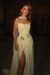 Elegant Daffodil Strapless Chiffon Floor Length Prom Dresses High Slit With Beads