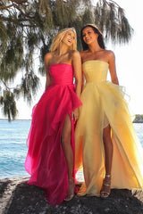 Beautiful Daffodil Strapless A-Line Prom Dresses Sleeveless With High Slit Online