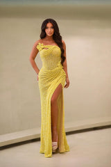 Pretty Daffodil Strapless Prom Dresses Sheath Side Slit Sequins With Flower Pleats
