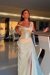 Gorgeous Daffodil Asymmetrical Sequins One Shoulder Prom Dresses With High Slit Ruffle