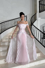 Glamorous Pink Off-The-Shoulder Prom Dress Sleeveless Sheath With Overskirt Pleats