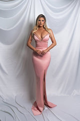 Trendy Dusty Rose V-Neck Mermaid Satin Prom Dress Sheath Sleeveless Side Slit With Beads