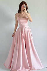 Chic Pink Square Straps Sleeveless Prom Dresses Satin Lace-UP Back With Pleats