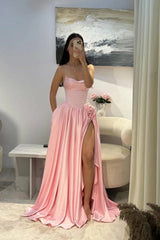 Gorgeous Baby Pink Sweetheart Satin Prom Dresses Sleeveless High Slit Gem With Pleats