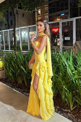 Gorgeous Yellow Strapless Sleeveless Chiffon Prom Dresses Ruffles Sheath With High Slit