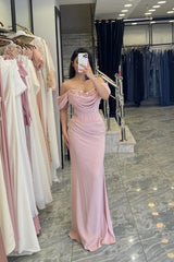 Pretty Pink Mermaid Off-The-Shoulder Satin Prom Dresses Sweetheart Sleeveless With Beads Pleats