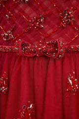 Popular Burgundy Strapless Tulle A-Line Prom Dresses Sleeveless Gem With Bow Knot Beadings