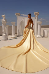 Beautiful Strapless Satin Prom Dresses A-Line Sleeveless Lace-Up-Back With Bow Knot Pleats