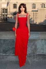 Elegant Red Square Straps Chiffon Prom Dresses Sleeveless Pleats With High Slit