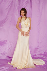 Luxury Halter Sleeveless Satin Prom Dresses Backless Long With Side Slit