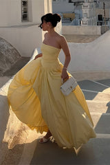 Charming Daffodil Strapless Prom Dress Sleeveless A-Line Side Slit With Pleats