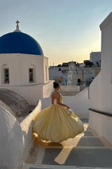 Charming Daffodil Strapless Prom Dress Sleeveless A-Line Side Slit With Pleats