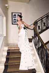 Classy White Square Spaghetti-Strap Satin Prom Dress Sleeveless With Beads