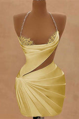 Chic Halter Sleeveless Homecoming Dresses Mini Sheath Prom Dress Pleats With Beads