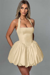 Charming Halter Satin Mini Homecoming Dresses Pleats Prom Dress Sleeveless On Sale