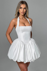 Charming Halter Satin Mini Homecoming Dresses Pleats Prom Dress Sleeveless On Sale