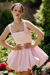 Pretty Pink Square Straps A-Line Satin Homecoming Dress Sleeveless Mini Lace-Up Back With Flower