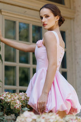 Pretty Pink Square Straps A-Line Satin Homecoming Dress Sleeveless Mini Lace-Up Back With Flower