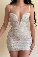 Dazzling Ivory Sequins V-Neck Mini Homecoming Dresses Spaghetti-Straps Sleeveless With Lace-Up Back