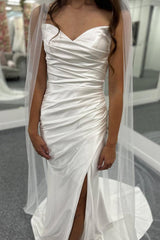 Glamorous Sweetheart Satin Mermaid Sleeveless Wedding Dresses Spaghetti-Straps Side Slit With Pleats