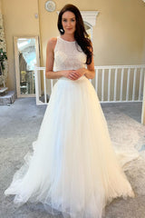 Dazzling Tulle Sleeveless A-Line Wedding Dresses Two Pieces Long With Sequins