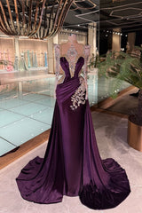 Exquisite Grape Halter Long Sleeves Mermaid Evening Dresses Column Gem With Pleats