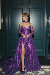 Dazzling Purple Strapless Sweetheart Sequins A-Line Evening Dresses Detachable Sleeves With High Split