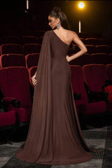 Chic Chocolate One Shoulder Sleeveless Satin Mermaid Evening Dresses Sheath With Ruffle Flower