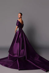 Classy Grape Off-The-Shoulder Satin Mermaid Evening Dresses Detachable Skirt With Side Split