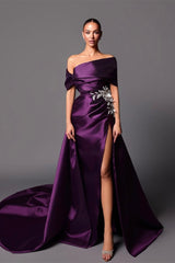 Classy Grape Off-The-Shoulder Satin Mermaid Evening Dresses Detachable Skirt With Side Split