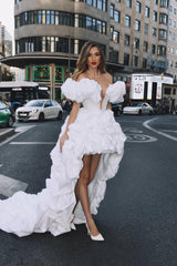 Timeless White Hi-Lo Off-The-Shoulder Satin Evening Dresses Pearl Sheath On Sale