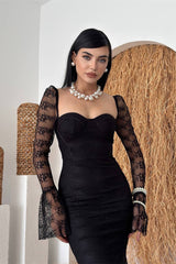 Elegant Black Sweetheart Long Sleeves Mermaid Evening Dresses Lace Column With Zipper