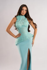 Modern Tiffany Blue High Collar Sleeveless Satin Mermaid Evening Dresses Lace High Split With Flower