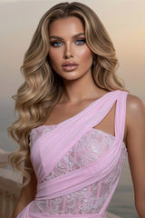 Beautiful Pink One Shoulder Chiffon Sleeveless Evening Dresses A-Line Long With Pleats